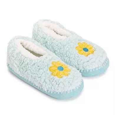 Light blue sherpa ballet slippers with cozy white lining, featuring a yellow flower embroidery on top.