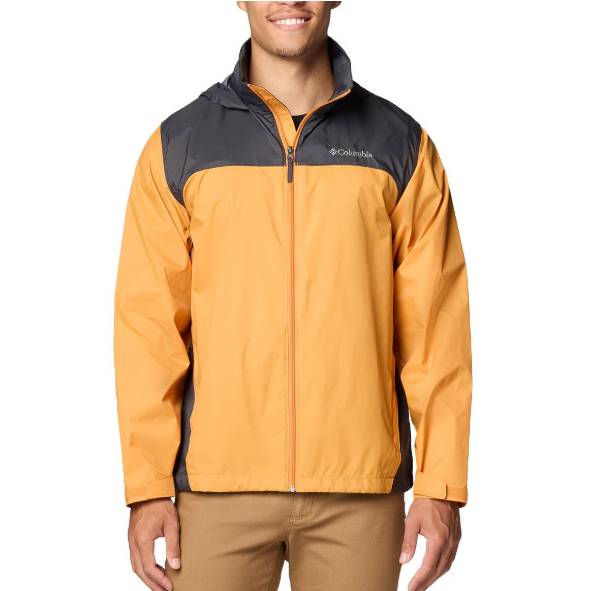 A man is wearing a two-tone Columbia jacket with a mustard yellow body and dark gray shoulders, featuring a front zipper and hood.