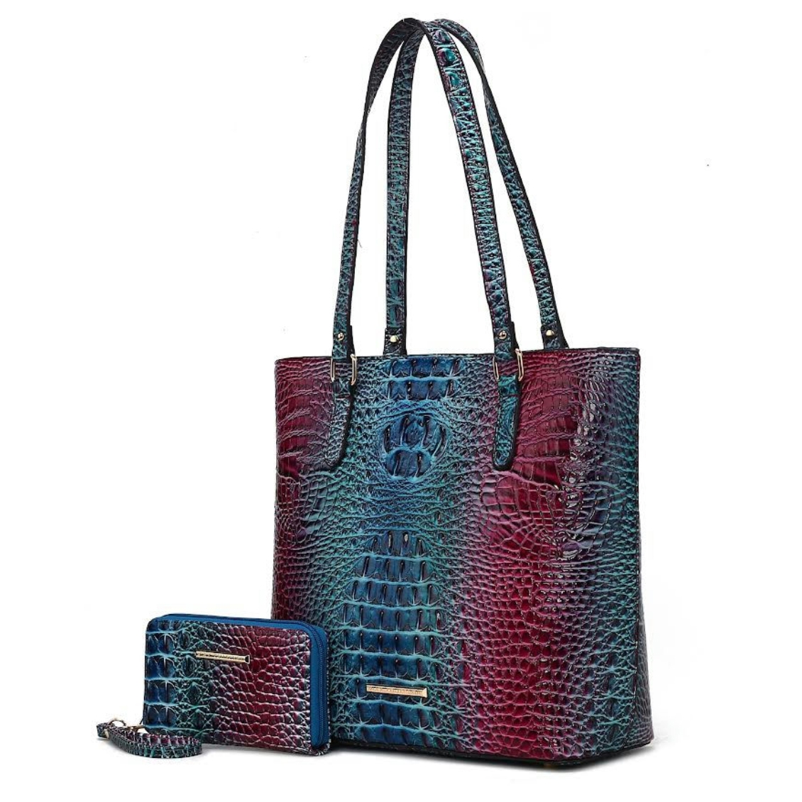 A tote bag and wallet set with a blue-to-red gradient crocodile skin pattern.