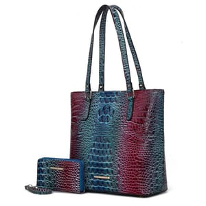 A tote bag and wallet set with a blue-to-red gradient crocodile skin pattern.