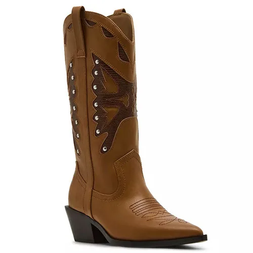 A brown cowboy boot with decorative stitching and cut-out details on the shaft, featuring a pointed toe and a slanted heel.