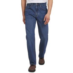 Wrangler Men's Jeans in blue denim feature a straight-leg fit with a classic five-pocket design. The jeans are worn with brown shoes and a white shirt, showcasing a casual, versatile style.