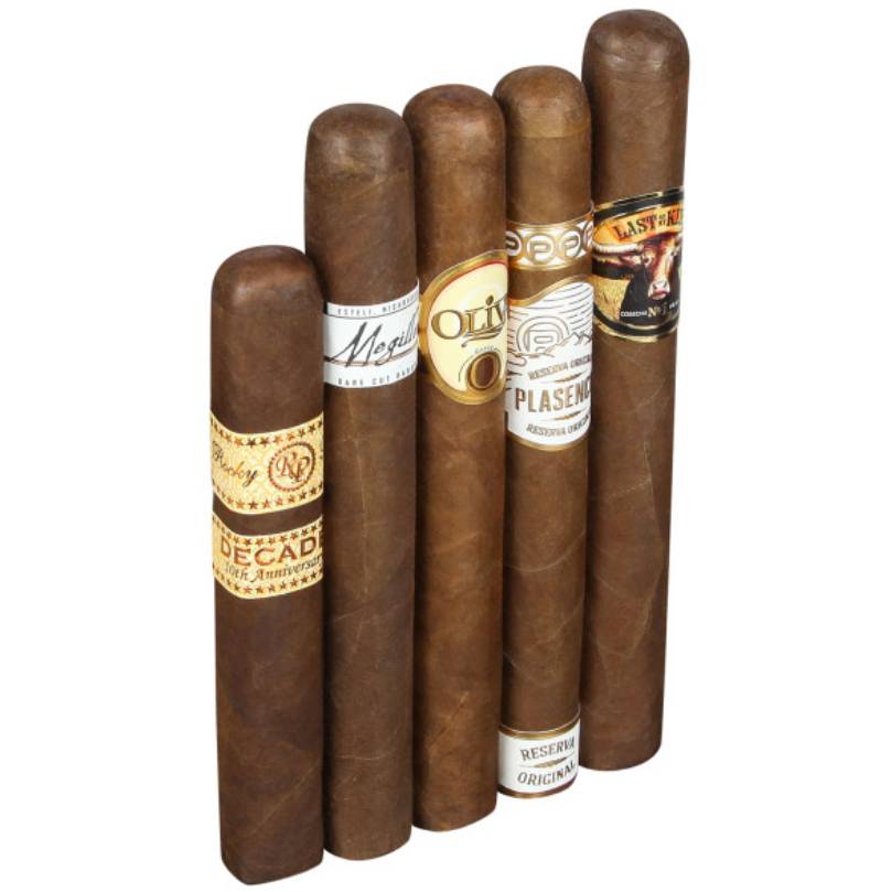 Five cigars with various labels, arranged vertically and displaying different brands.