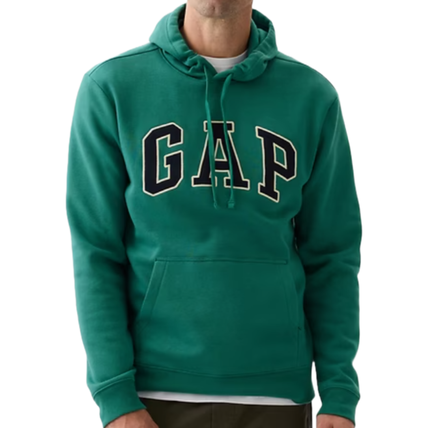 A green hoodie with a hood and adjustable drawstrings features the GAP logo in bold white letters outlined in black on the front.