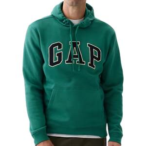 A green hoodie with a hood and adjustable drawstrings features the GAP logo in bold white letters outlined in black on the front.