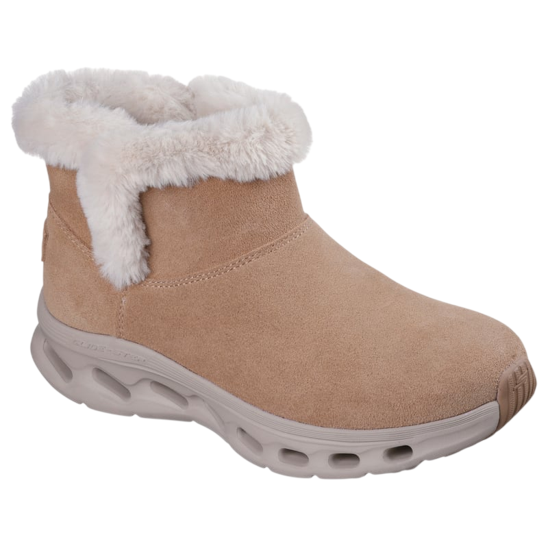 Tan ankle-high boot with a plush fur lining and a cushioned sole featuring visible air holes.