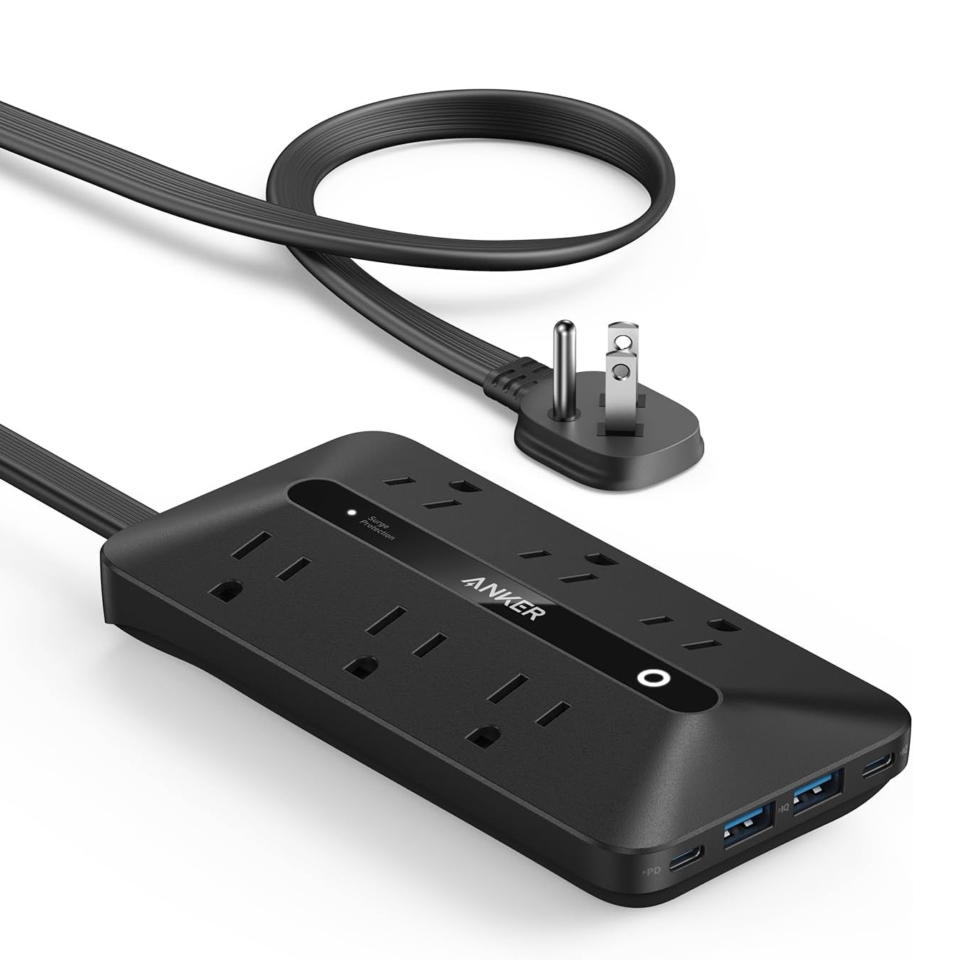 The Anker 10-in-1 Power Strip is a black device featuring multiple outlets, USB ports, and an angled flat plug for space-saving. It includes USB-C and USB-A ports, offering versatile charging options.