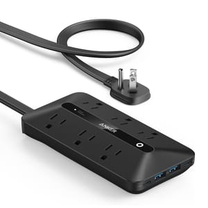 The Anker 10-in-1 Power Strip is a black device featuring multiple outlets, USB ports, and an angled flat plug for space-saving. It includes USB-C and USB-A ports, offering versatile charging options.