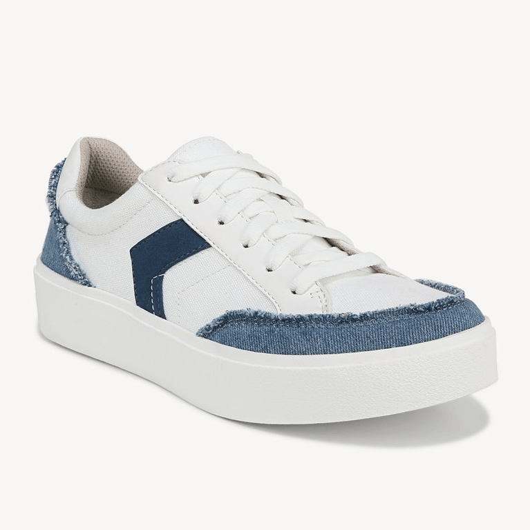 White and navy platform sneaker with a denim-like texture detail.
