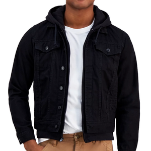 A black denim jacket with a detachable hood, layered over a white T-shirt, paired with brown pants.