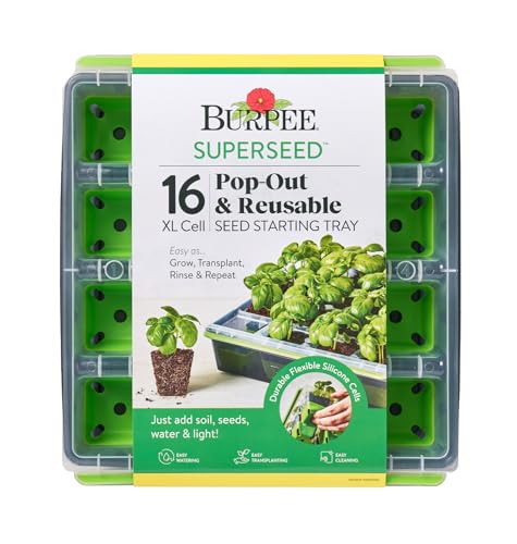 Burpee SuperSeed 16 Pop-Out & Reusable XL Cell Seed Starting Tray, ideal for easy plant growing, transplanting, and rinsing. Includes features like flexible silicone cells, simple cleaning, and directions to just add soil, seeds, water, and light.
