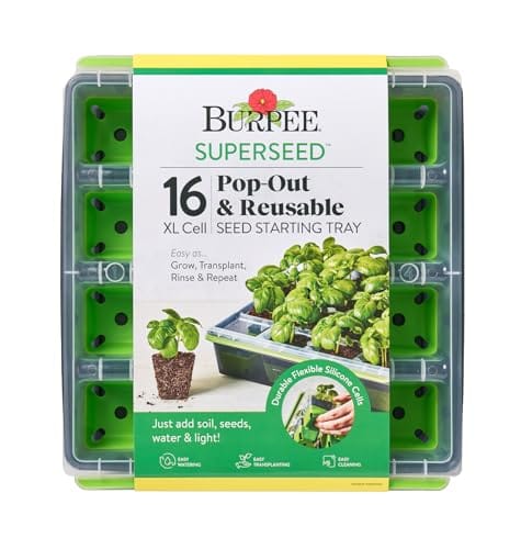 Burpee SuperSeed 16 Pop-Out & Reusable XL Cell Seed Starting Tray, ideal for easy plant growing, transplanting, and rinsing. Includes features like flexible silicone cells, simple cleaning, and directions to just add soil, seeds, water, and light.