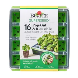 Burpee SuperSeed 16 Pop-Out & Reusable XL Cell Seed Starting Tray, ideal for easy plant growing, transplanting, and rinsing. Includes features like flexible silicone cells, simple cleaning, and directions to just add soil, seeds, water, and light.