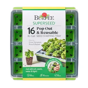 Burpee SuperSeed 16 Pop-Out & Reusable XL Cell Seed Starting Tray, ideal for easy plant growing, transplanting, and rinsing. Includes features like flexible silicone cells, simple cleaning, and directions to just add soil, seeds, water, and light.