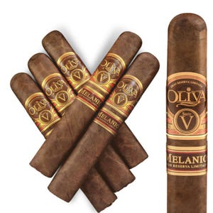 A collection of Oliva Serie V Melanio cigars arranged in a star pattern.