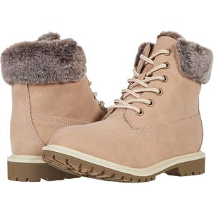 A pair of beige lace-up ankle boots with a fur trim at the collar.