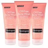 Neutrogena Oil-Free Acne Wash Pink Grapefruit Foaming Scrub is shown, featuring a pink design with salicylic acid acne treatment and MicroClear technology to clear breakouts. Each is labeled \“Value Size.\“