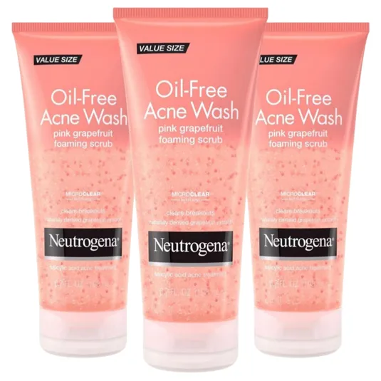 Neutrogena Oil-Free Acne Wash Pink Grapefruit Foaming Scrub is shown, featuring a pink design with salicylic acid acne treatment and MicroClear technology to clear breakouts. Each is labeled \“Value Size.\“