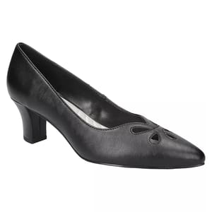 A black, mid-heel pump with a pointed toe and decorative cut-out design on the upper.