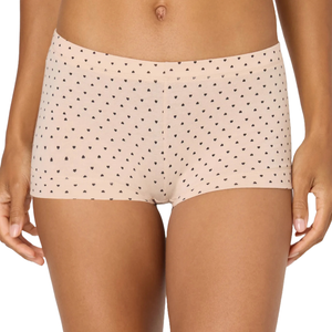 Beige women's boyshorts with small black heart patterns.