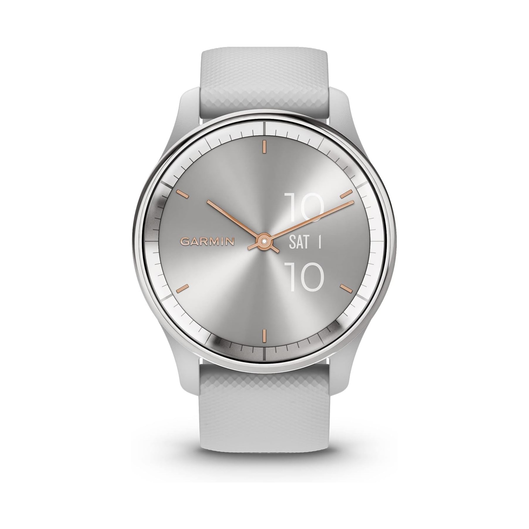 Garmin smartwatch with a sleek silver face, rose gold accents, and a gray textured strap. The watch displays the brand name \“GARMIN,\“ analog time, and digital date and time on the face.