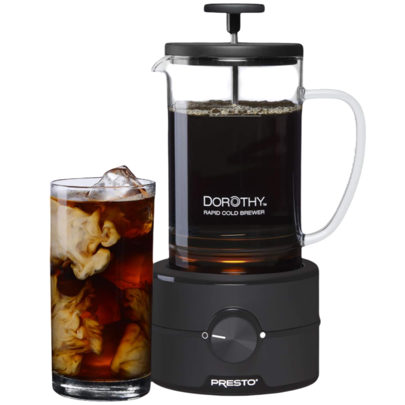 Dorothy Rapid Cold Brewer by Presto with a glass of iced coffee nearby.