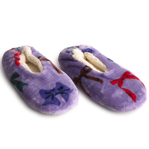 Purple Vera Bradley slipper socks with colorful bow designs and a plush, cozy lining.