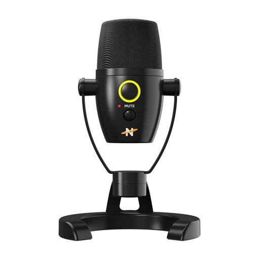 A black USB microphone with a compact design, featuring a mute button and a yellow-rimmed power indicator. It includes a sturdy stand and has a logo with a stylized \“N\“.