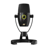 A black USB microphone with a compact design, featuring a mute button and a yellow-rimmed power indicator. It includes a sturdy stand and has a logo with a stylized \“N\“.