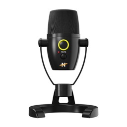 A black USB microphone with a compact design, featuring a mute button and a yellow-rimmed power indicator. It includes a sturdy stand and has a logo with a stylized \“N\“.