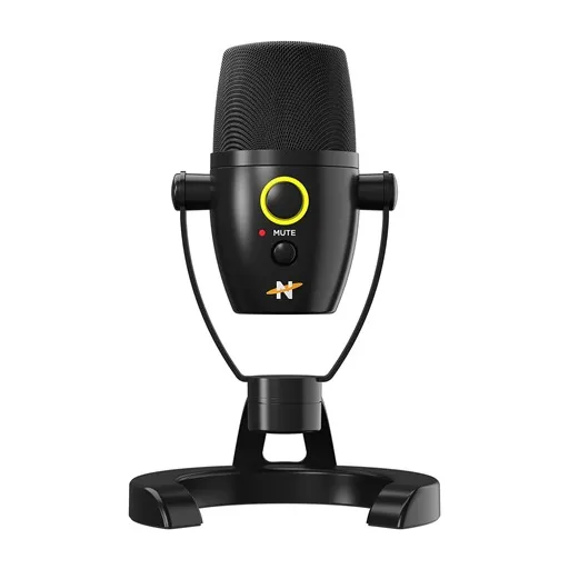 A black USB microphone with a compact design, featuring a mute button and a yellow-rimmed power indicator. It includes a sturdy stand and has a logo with a stylized \“N\“.
