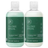 Tea Tree Special Shampoo and Conditioner set, each 300 ml (10.14 fl. oz.), offers vegan and gluten-free formulas with a focus on invigorating cleansing and conditioning.