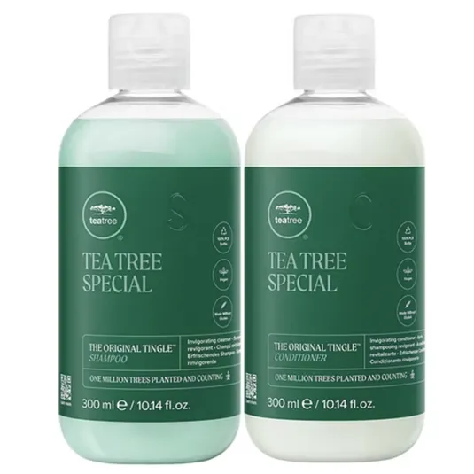 Tea Tree Special Shampoo and Conditioner set, each 300 ml (10.14 fl. oz.), offers vegan and gluten-free formulas with a focus on invigorating cleansing and conditioning.