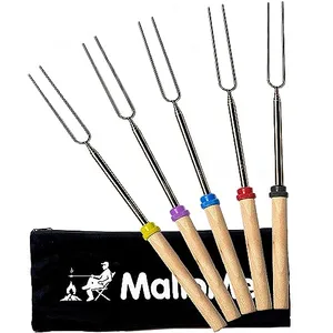 Five telescoping s'mores sticks with wooden handles and colored rings at the base, accompanied by a black carrying bag with a white campfire design.