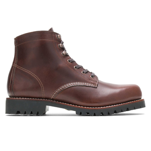 Brown leather lace-up boots with a high ankle design and a chunky black outsole, featuring visible stitching on the upper part.