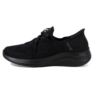 Black Skechers sneakers featuring a knit upper design with a comfortable, slip-on style. The sole is textured for added grip and the shoe has a low-profile silhouette.