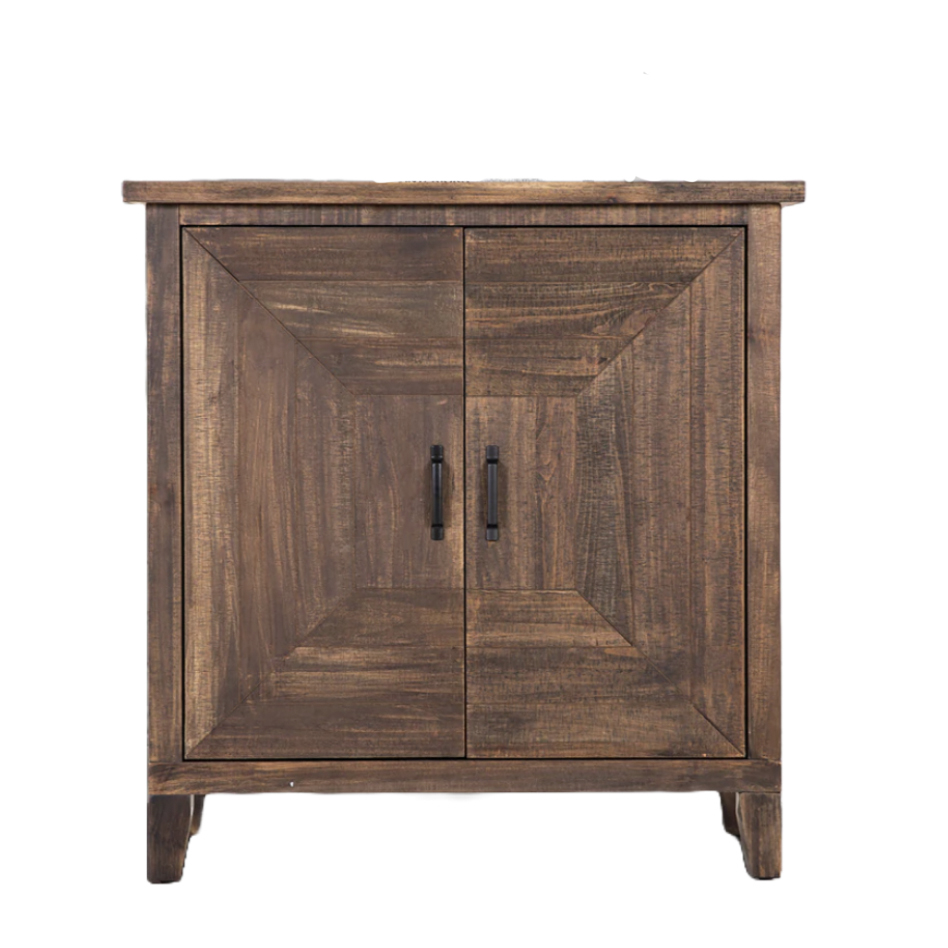 A compact, rustic-style wooden cabinet with two paneled doors and black metal handles, ideal for storage. Dimensions: 31 inches high.