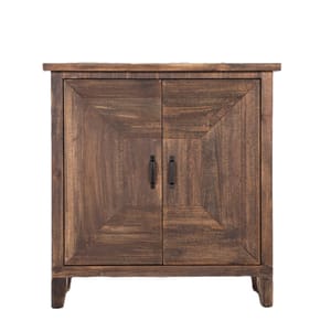 A compact, rustic-style wooden cabinet with two paneled doors and black metal handles, ideal for storage. Dimensions: 31 inches high.