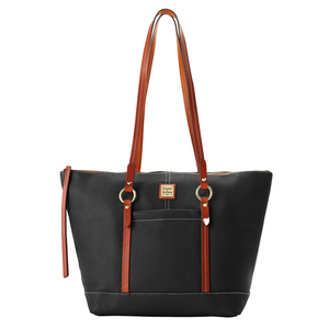 A black Dooney & Bourke Pebble Leather Zip Tote with brown leather handles and accents, featuring a front pocket and gold-tone hardware for closure and attachments.