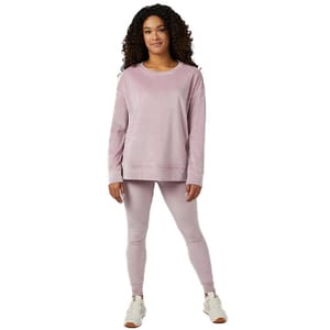 The 32 Degrees Velour Crew Top is a light pink, long-sleeve pullover with a soft velour finish, featuring a classic round neckline and a relaxed fit.