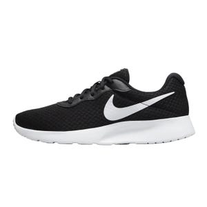 Black Nike sneaker with a white swoosh and a white sole.