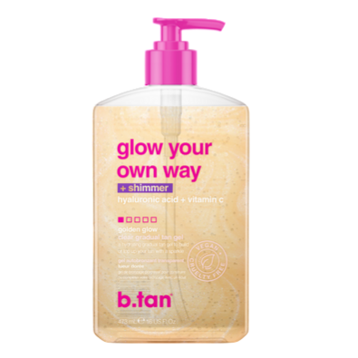 B.tan glow your own way + shimmer gel with hyaluronic acid and vitamin C for a golden, gradual tan, 473 ml (16 fl oz).