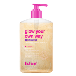 B.tan glow your own way + shimmer gel with hyaluronic acid and vitamin C for a golden, gradual tan, 473 ml (16 fl oz).