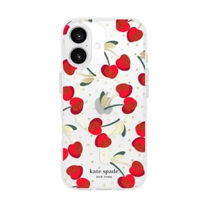 A clear iPhone case with a cherry pattern, featuring red cherries with green stems on a white background, branded with \“kate spade NEW YORK\“ at the bottom.