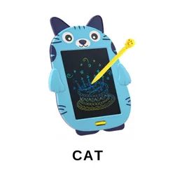 A blue cat-shaped LCD writing tablet with a stylus and a \“Happy Birthday\“ cake design on the screen.