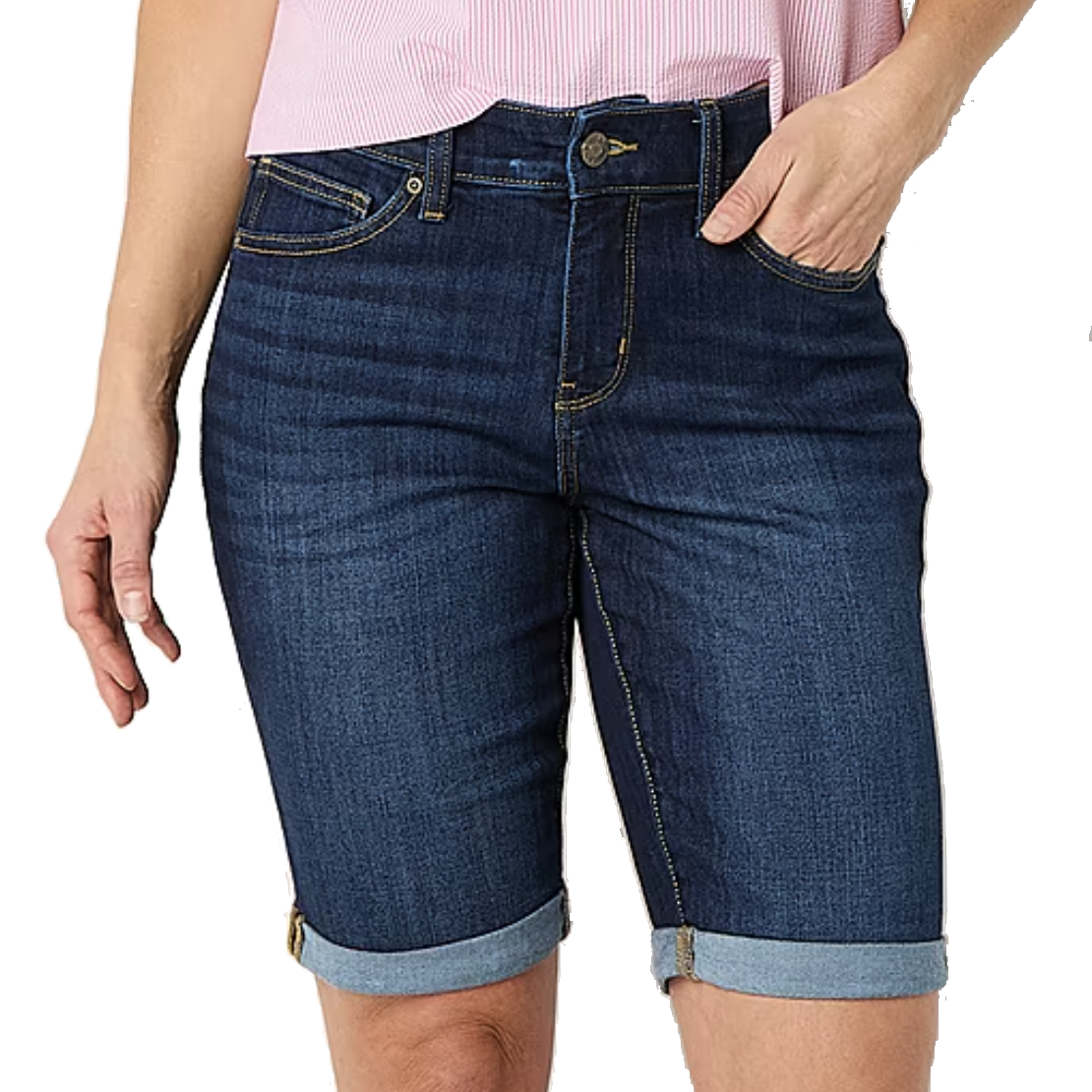 St. John's Bay Denim Bermuda Shorts are dark blue with rolled cuffs, featuring a classic five-pocket design and a front button-zip closure. They offer a casual, comfortable fit.