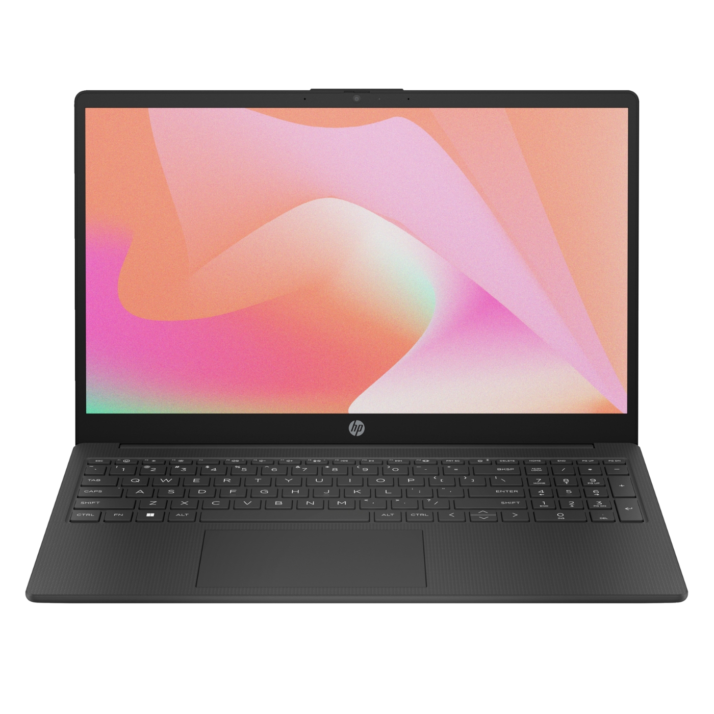 HP 15z Laptop features a sleek black design with a full keyboard, including a numeric keypad, and a vibrant display with subtle pastel colors.