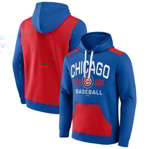 Blue and red Chicago Cubs hoodie featuring \“Chicago Baseball 1876\“ text and logo, with a drawstring hood and a front pouch pocket.
