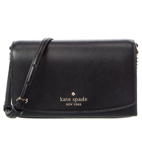 A black crossbody bag from Kate Spade New York with a textured finish, featuring a flap closure and gold-tone logo detailing.