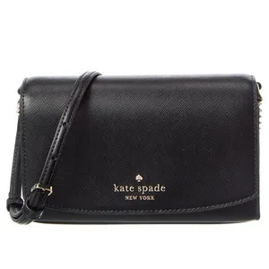 A black crossbody bag from Kate Spade New York with a textured finish, featuring a flap closure and gold-tone logo detailing.